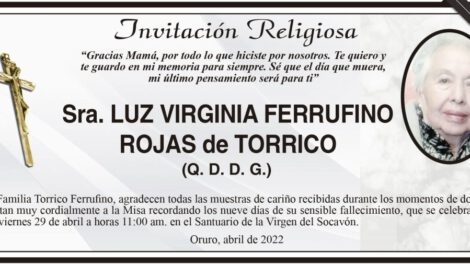Invitación Religiosa Sra. Luz Virginia Ferrufino Rojas