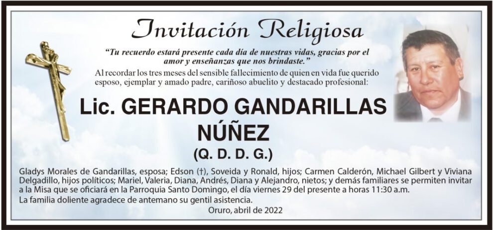 Lic. Gerardo Gandarillas Núñez, invitación religiosa en su memoria