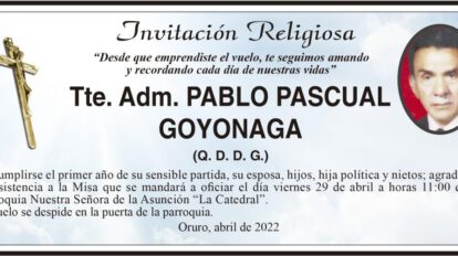 Invitación Religiosa para Tte. Adm. Pablo Pascual Goyonaga