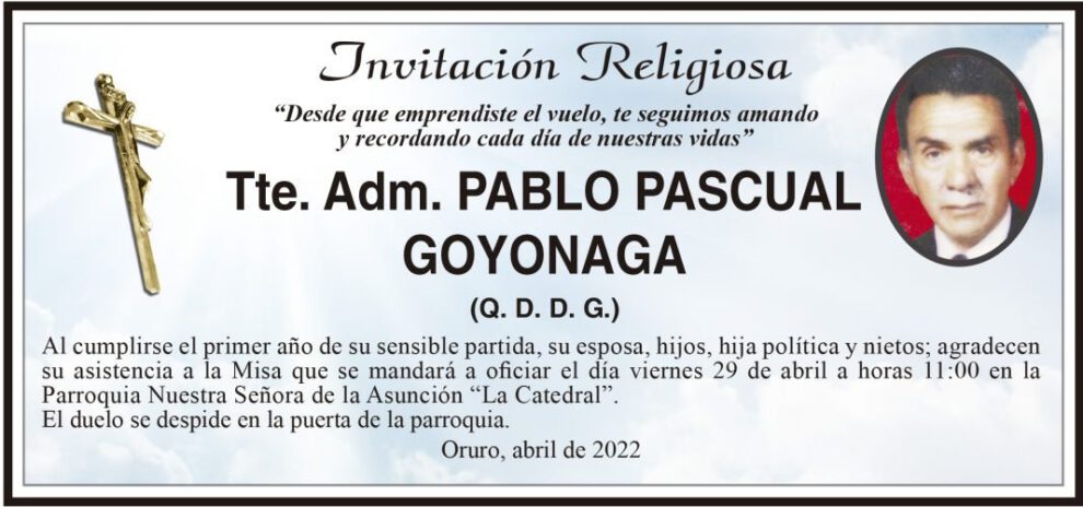 Invitación Religiosa para Tte. Adm. Pablo Pascual Goyonaga