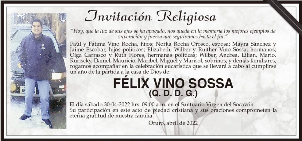 Invitación Religiosa para Félix Vino Sossa