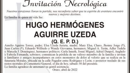 Invitación Necrológica de Hugo Hermógenes Aguirre Uzeda