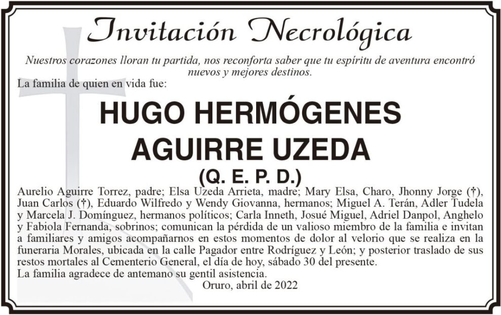 Invitación Necrológica de Hugo Hermógenes Aguirre Uzeda