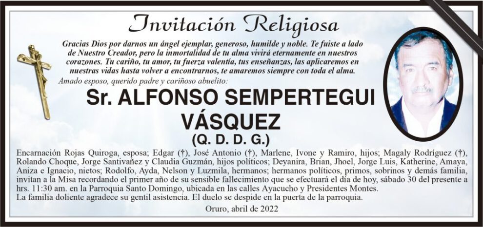 Invitación Religiosa para Alfonso Sempertegui Vásquez