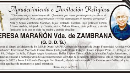 Agradecimiento e Invitación Religiosa: Teresa Marañón Vda. de Zambrana