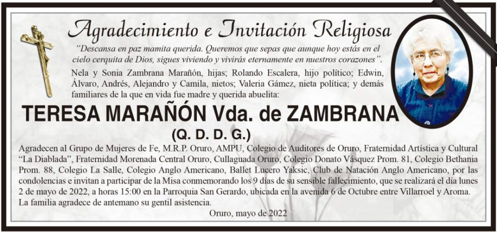 Agradecimiento e Invitación Religiosa: Teresa Marañón Vda. de Zambrana