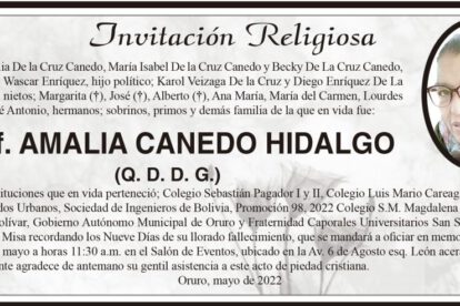 Invitación Religiosa en memoria de Prof. Amalia Canedo Hidalgo