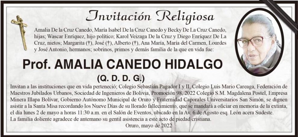 Invitación Religiosa en memoria de Prof. Amalia Canedo Hidalgo