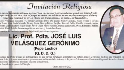 Lic. Prof. Pdta. José Luis Velásquez Gerónimo, invitación a misa recordatoria