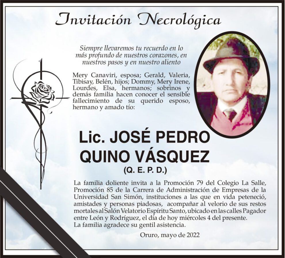 Invitación Necrológica: Lic. José Pedro Quino Vásquez