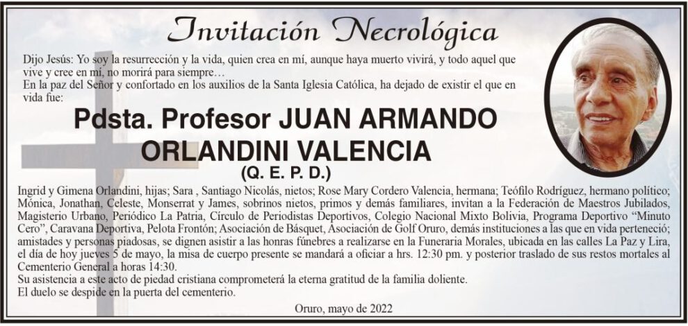Invitación Necrológica: Juan Armando Orlandini Valencia