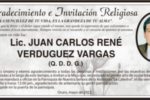 Agradecimiento e Invitación Religiosa: Lic. Juan Carlos René Verduguez Vargas