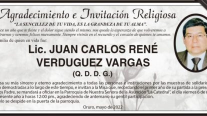 Agradecimiento e Invitación Religiosa: Lic. Juan Carlos René Verduguez Vargas