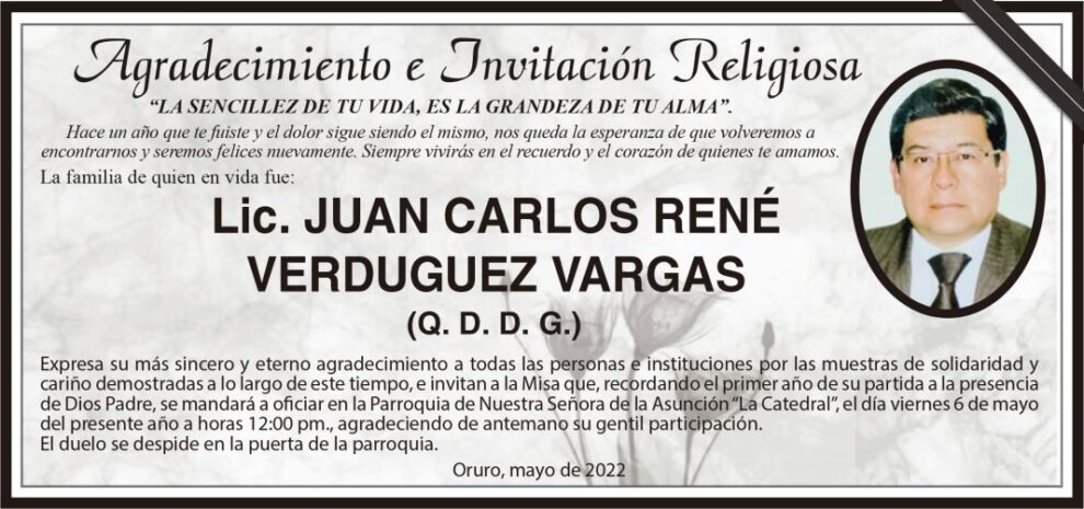 Agradecimiento e Invitación Religiosa: Lic. Juan Carlos René Verduguez Vargas