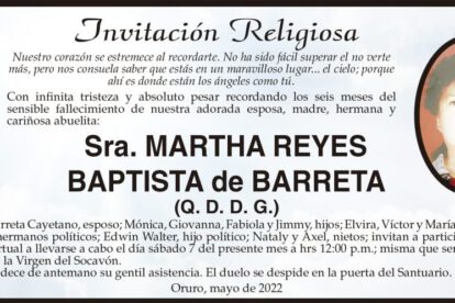 Invitación Religiosa en memoria de Martha Reyes Baptista