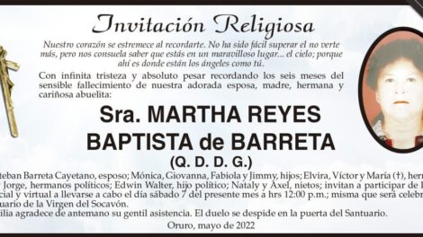 Invitación Religiosa en memoria de Martha Reyes Baptista