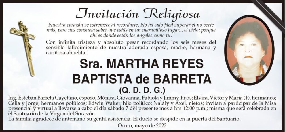 Invitación Religiosa en memoria de Martha Reyes Baptista