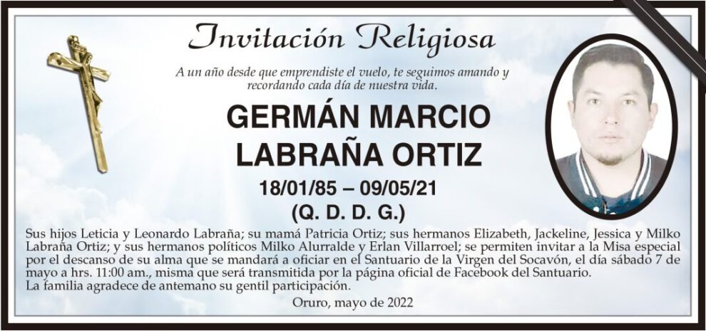 Invitación Religiosa: Germán Marcio Labraña Ortiz