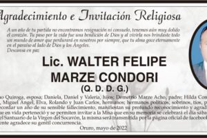 Agradecimiento e Invitación Religiosa por Lic. Walter Felipe Marze Condori