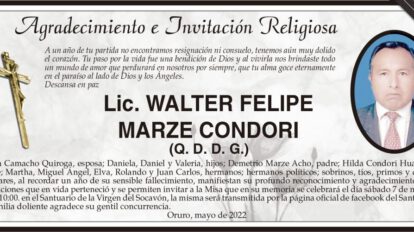 Agradecimiento e Invitación Religiosa por Lic. Walter Felipe Marze Condori