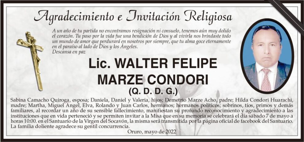 Agradecimiento e Invitación Religiosa por Lic. Walter Felipe Marze Condori