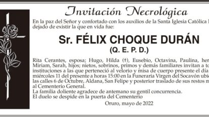 Invitación Necrológica: Sr. Félix Choque Durán (Q. E. P. D.)
