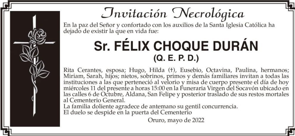 Invitación Necrológica: Sr. Félix Choque Durán (Q. E. P. D.)