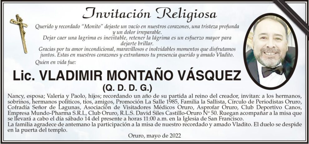 Lic. Vladimir Montaño Vásquez, recordado en misa de homenaje
