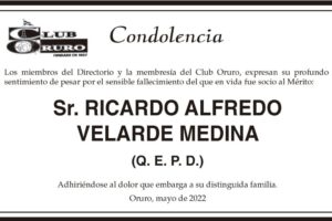 Condolencia por el fallecimiento de Ricardo Alfredo Velarde Medina