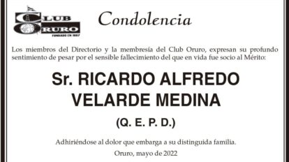 Condolencia por el fallecimiento de Ricardo Alfredo Velarde Medina