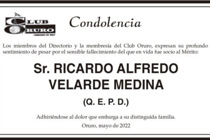 Condolencia por el fallecimiento de Ricardo Alfredo Velarde Medina