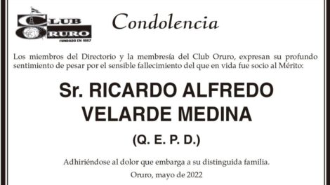Condolencia por el fallecimiento de Ricardo Alfredo Velarde Medina