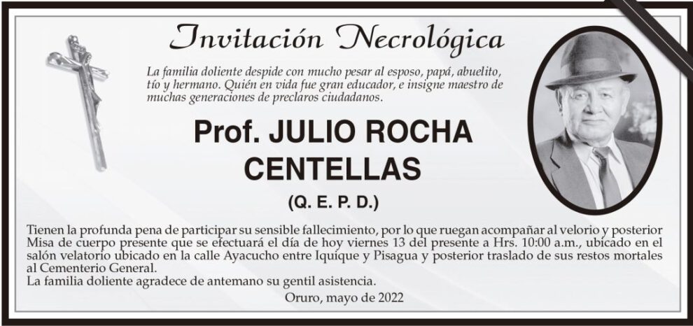 Invitación Necrológica: Prof. JULIO ROCHA CENTELLAS