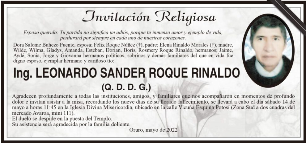 Ing. Leonardo Sander Roque Rinaldo, obituario y misa de recordación