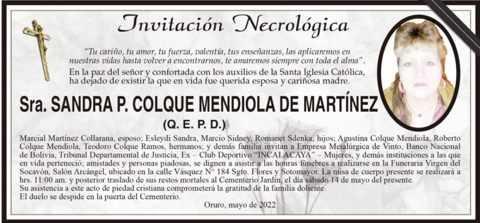 Invitación Necrológica: Sra. Sandra P. Colque Mendiola de Martínez