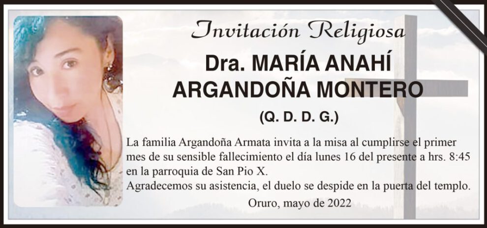 Invitación Religiosa para la Dra. María Anahí Argandoña Montero