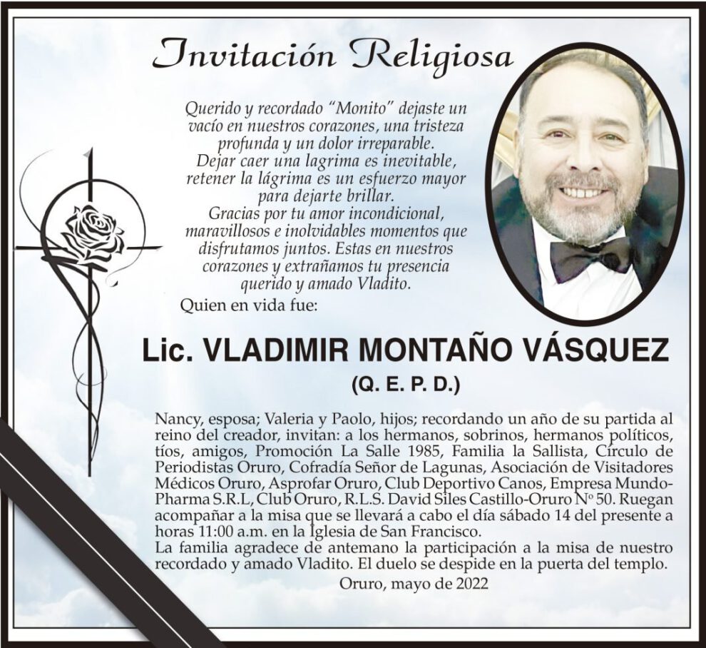 Lic. Vladimir Montaño Vásquez, recordado en misa de un año de su partida