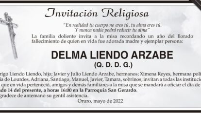 Invitación religiosa en memoria de Delma Liendo Arzabe