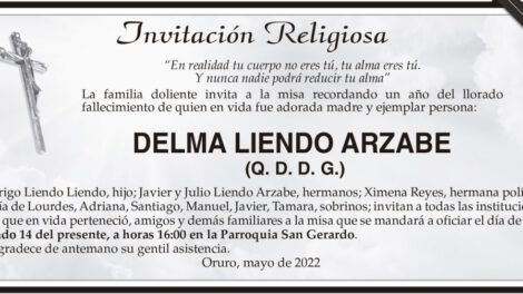 Invitación religiosa en memoria de Delma Liendo Arzabe
