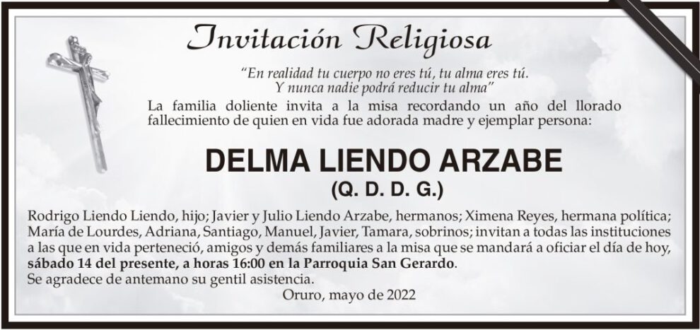 Invitación religiosa en memoria de Delma Liendo Arzabe