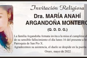 Dra. María Anahí Argandoña Montero invitación religiosa