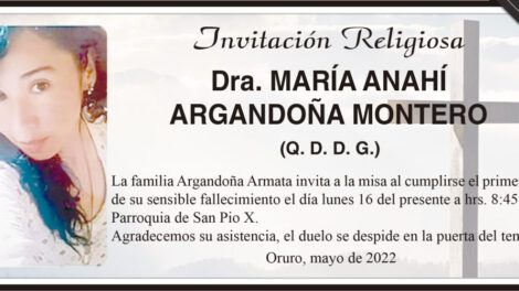 Dra. María Anahí Argandoña Montero invitación religiosa