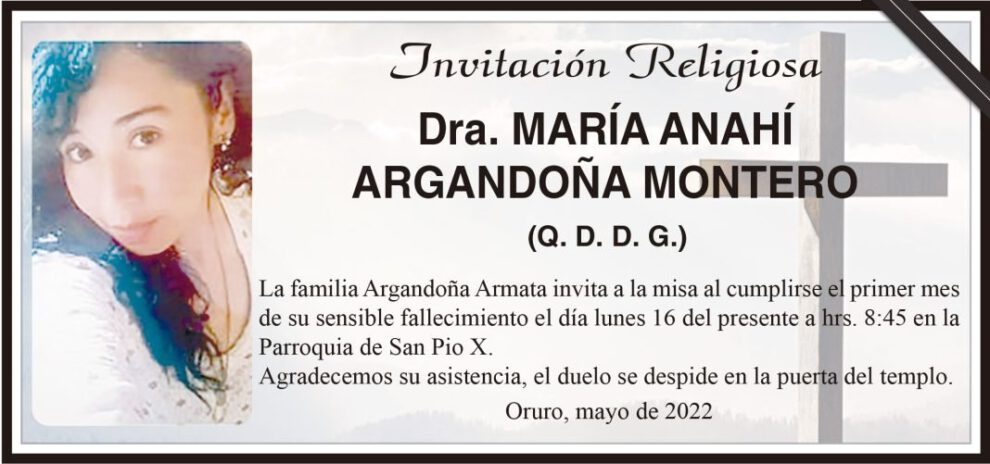Dra. María Anahí Argandoña Montero invitación religiosa