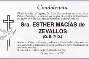 Condolencia por el fallecimiento de Esther Macías de Zevallos