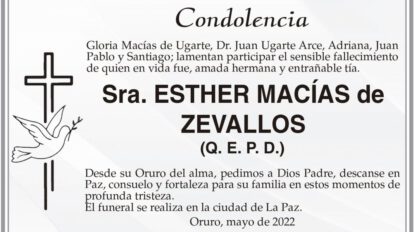 Condolencia por el fallecimiento de Esther Macías de Zevallos