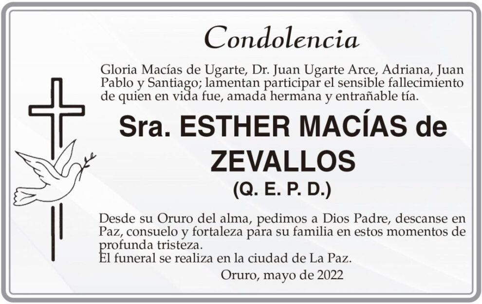 Condolencia por el fallecimiento de Esther Macías de Zevallos