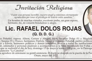 Lic. Rafael Dolos Rojas, invitación a misa recordatoria
