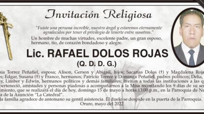 Lic. Rafael Dolos Rojas, invitación a misa recordatoria