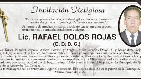 Lic. Rafael Dolos Rojas, invitación a misa recordatoria