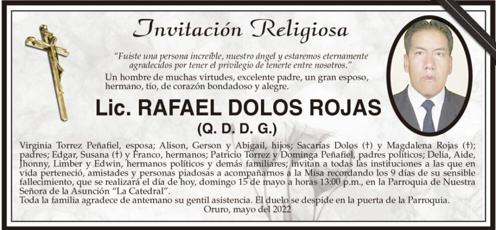 Lic. Rafael Dolos Rojas, invitación a misa recordatoria